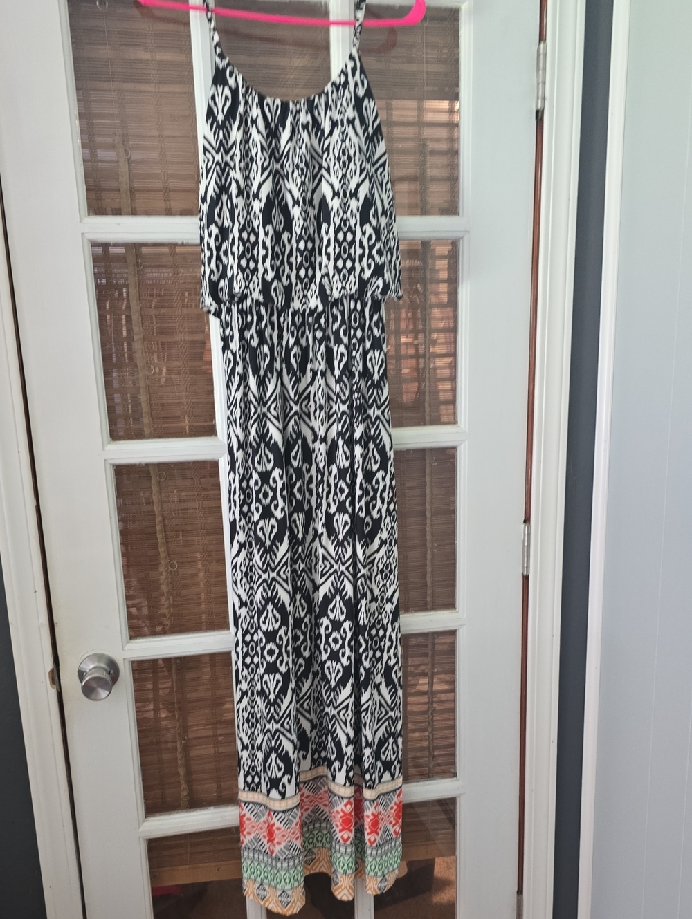 Black & White Printed Maxi Dress with Multicolor Hem